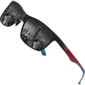 imageDUCO Mens Sunglasses Polarized Rectangle Sunglass for Men Lightweight Carbon Fiber UV400 Protection 8206Black Frame Red Blue Temple Grey Lens