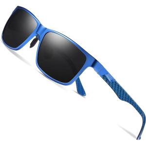 imageDUCO Mens Sunglasses Polarized Rectangle Sunglass for Men Lightweight Carbon Fiber UV400 Protection 8206Blue Frame Blue Temple Grey Lens