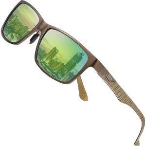 imageDUCO Mens Sunglasses Polarized Rectangle Sunglass for Men Lightweight Carbon Fiber UV400 Protection 8206Gold Frame Gold Temple Revo Green Lens