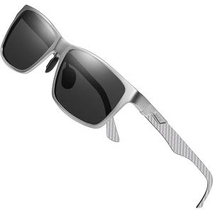 imageDUCO Mens Sunglasses Polarized Rectangle Sunglass for Men Lightweight Carbon Fiber UV400 Protection 8206Silver Frame Silver Temple Grey Lens