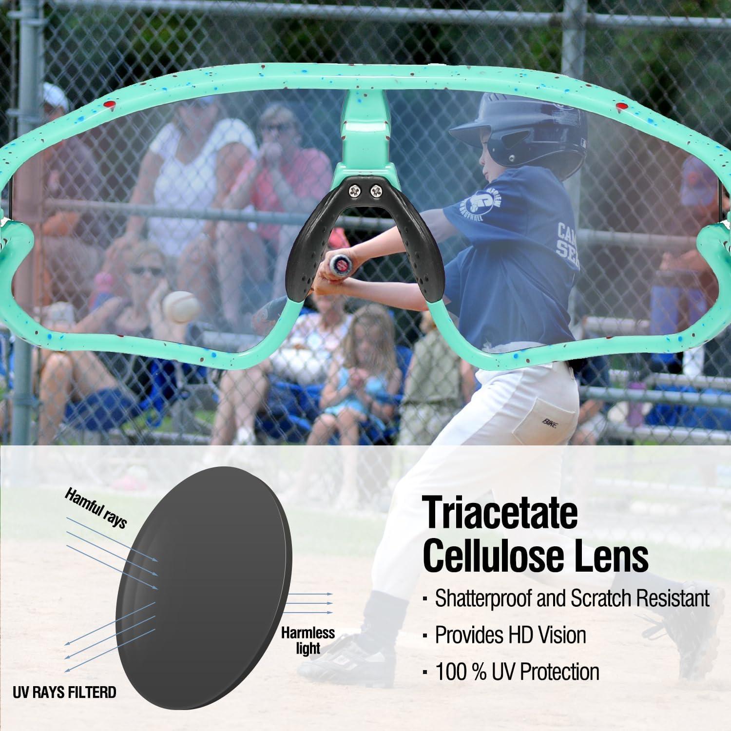 imageDUCO Kids Sunglasses Youth Baseball Sun Glasses Lightweight TR90 Frame UV400 Sports Cycling Shades for Boys Girls DK268Green Frame Red Blue Dot Black Temple Revo Green Lens