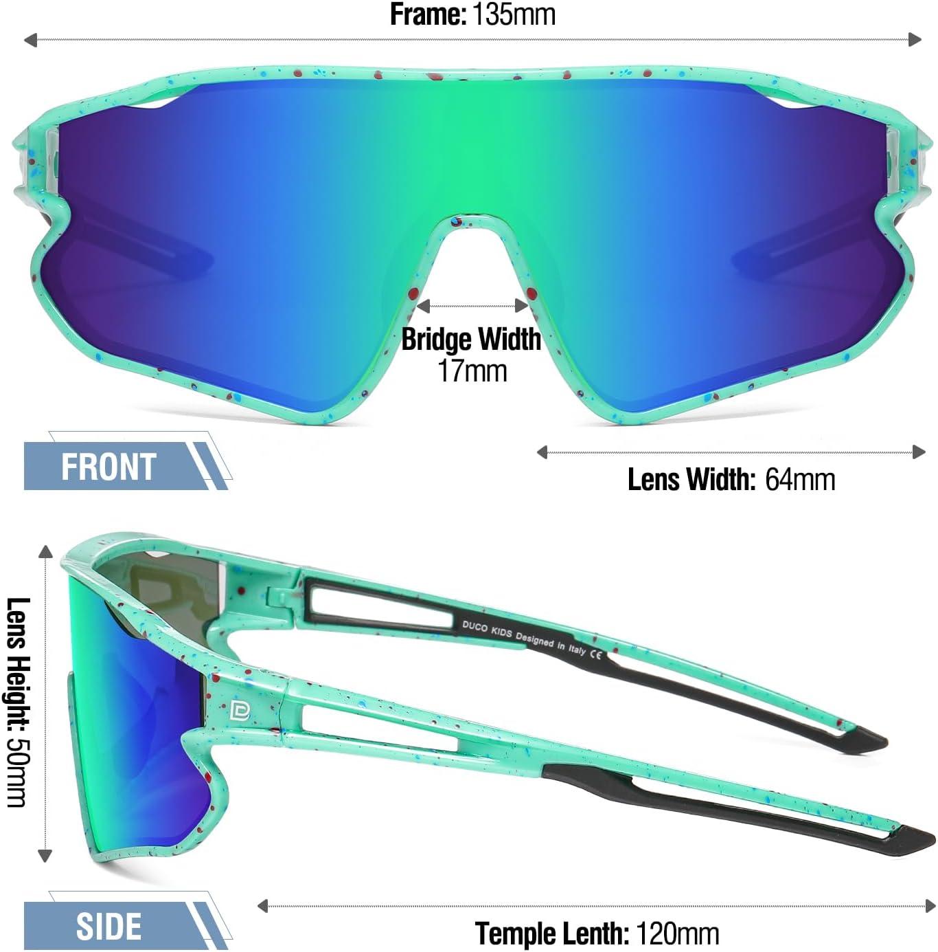imageDUCO Kids Sunglasses Youth Baseball Sun Glasses Lightweight TR90 Frame UV400 Sports Cycling Shades for Boys Girls DK268Green Frame Red Blue Dot Black Temple Revo Green Lens