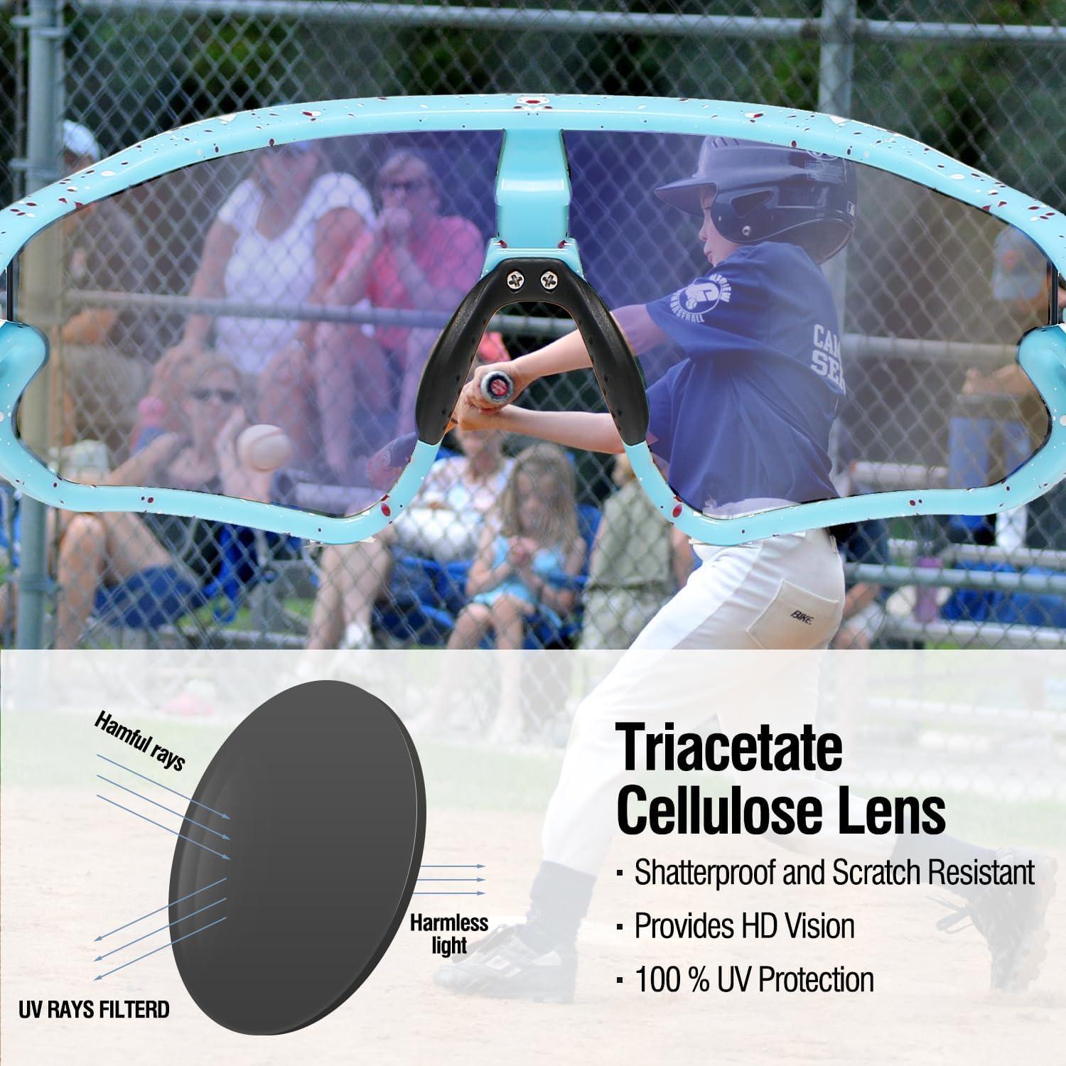 imageDUCO Kids Sunglasses Youth Baseball Sun Glasses Lightweight TR90 Frame UV400 Sports Cycling Shades for Boys Girls DK268Light Blue Frame Red White Dot Black Temple Revo Purple Lens