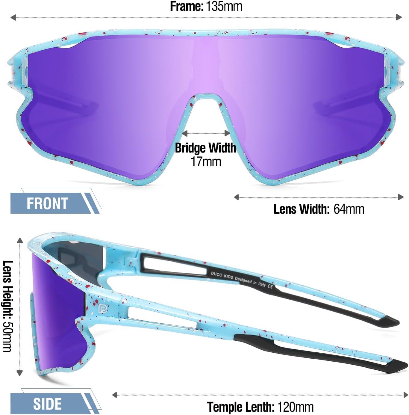 imageDUCO Kids Sunglasses Youth Baseball Sun Glasses Lightweight TR90 Frame UV400 Sports Cycling Shades for Boys Girls DK268Light Blue Frame Red White Dot Black Temple Revo Purple Lens