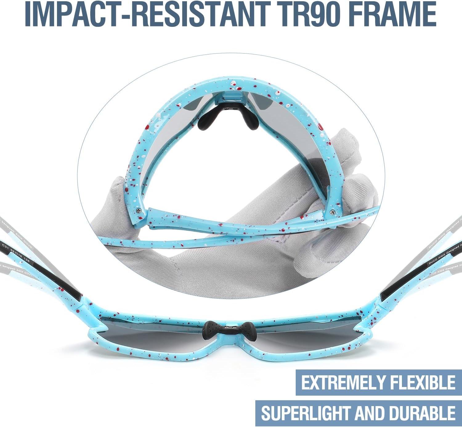 imageDUCO Kids Sunglasses Youth Baseball Sun Glasses Lightweight TR90 Frame UV400 Sports Cycling Shades for Boys Girls DK268Light Blue Frame Red White Dot Black Temple Revo Purple Lens