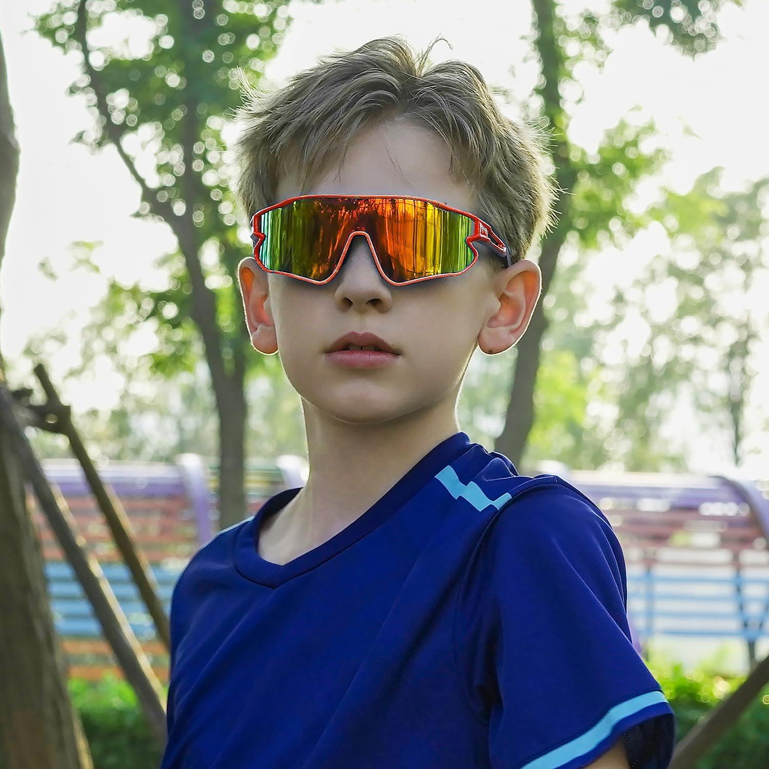 imageDUCO Kids Sunglasses Youth Baseball Sun Glasses Lightweight TR90 Frame UV400 Sports Cycling Shades for Boys Girls DK268Orange Frame Black Temple Revo Orange Lens