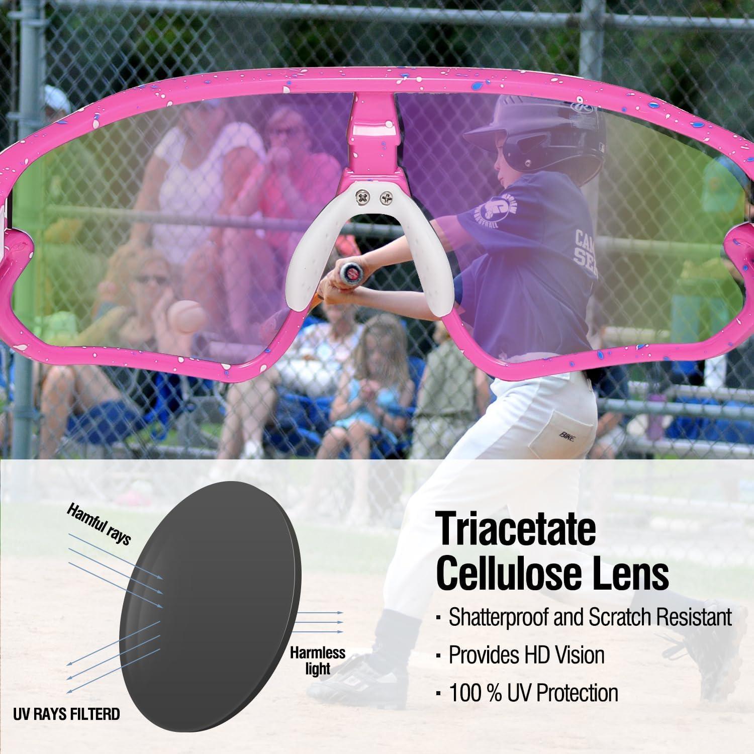 imageDUCO Kids Sunglasses Youth Baseball Sun Glasses Lightweight TR90 Frame UV400 Sports Cycling Shades for Boys Girls DK268Pink Frame White Blue Dot White Temple Revo Colorful Lens