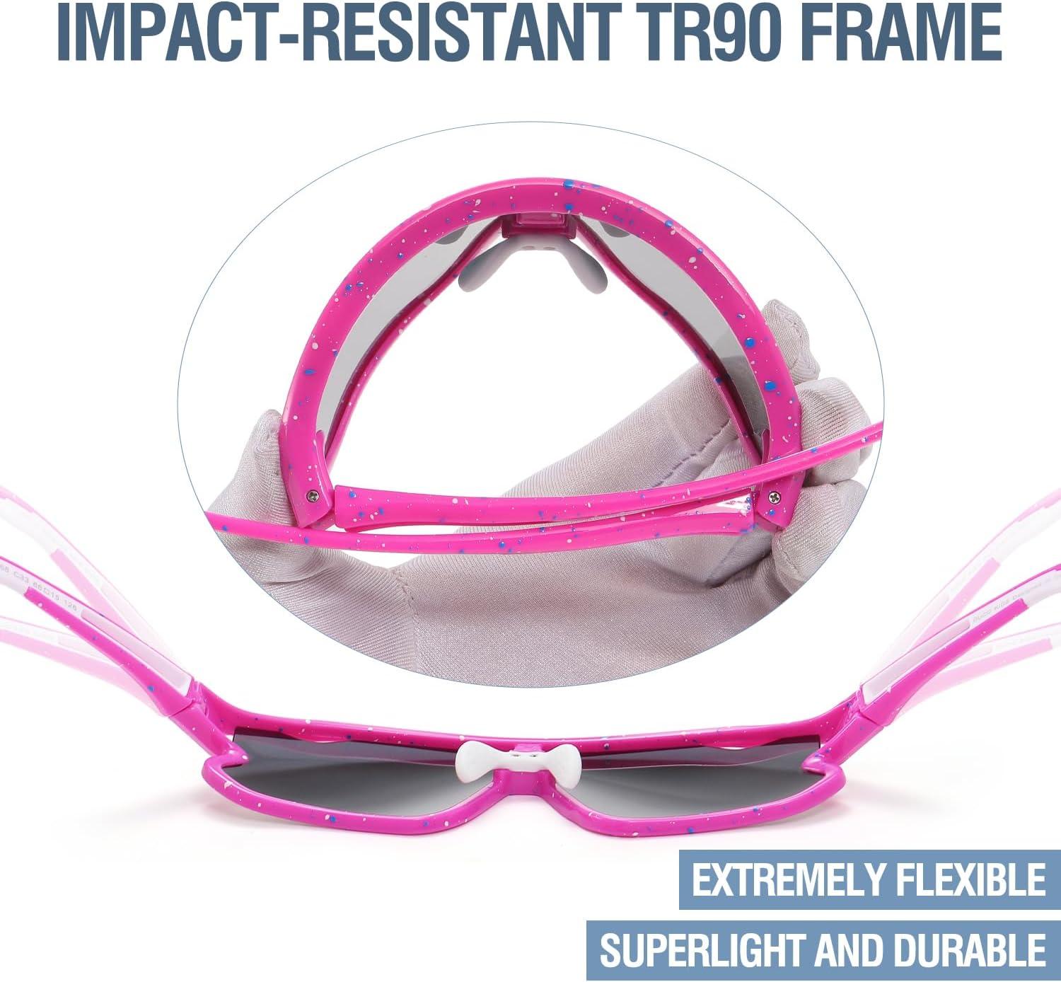 imageDUCO Kids Sunglasses Youth Baseball Sun Glasses Lightweight TR90 Frame UV400 Sports Cycling Shades for Boys Girls DK268Pink Frame White Blue Dot White Temple Revo Colorful Lens