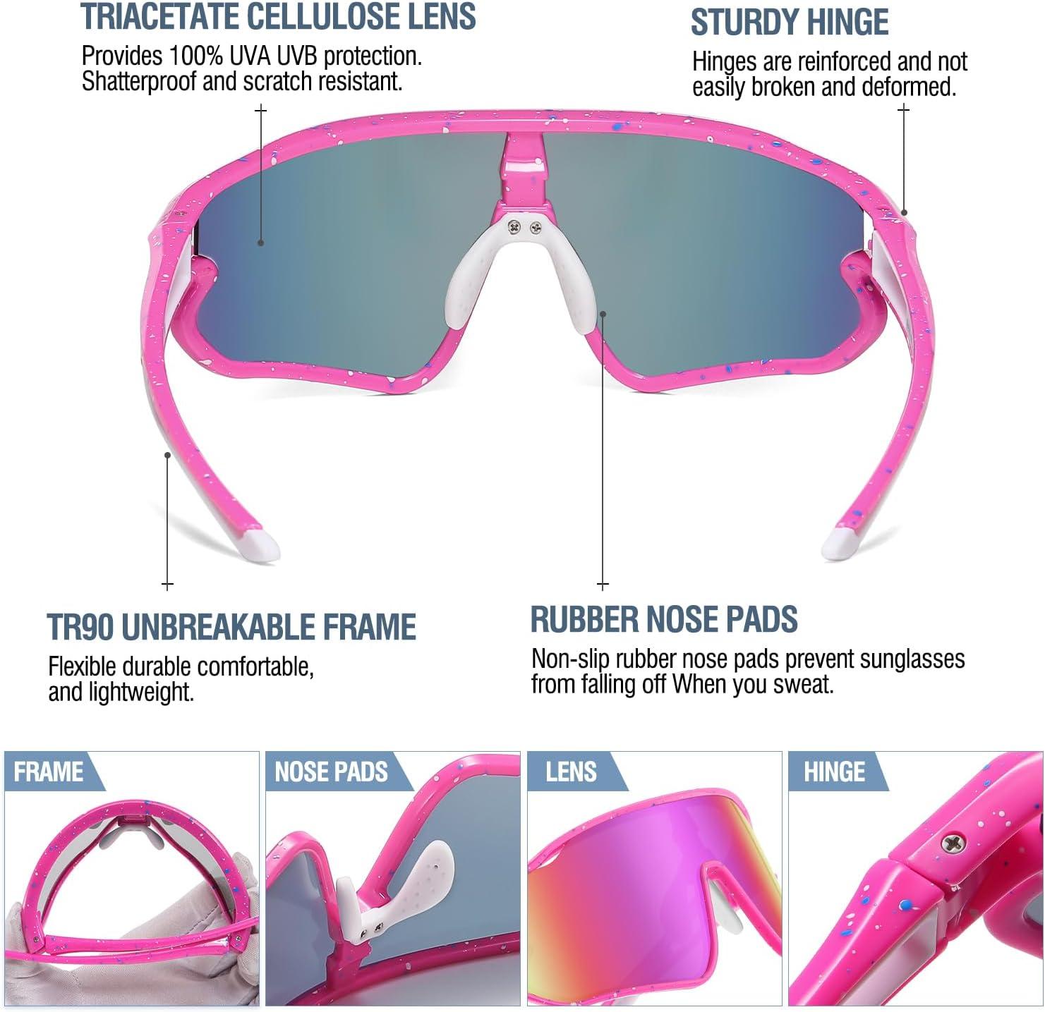 imageDUCO Kids Sunglasses Youth Baseball Sun Glasses Lightweight TR90 Frame UV400 Sports Cycling Shades for Boys Girls DK268Pink Frame White Blue Dot White Temple Revo Colorful Lens