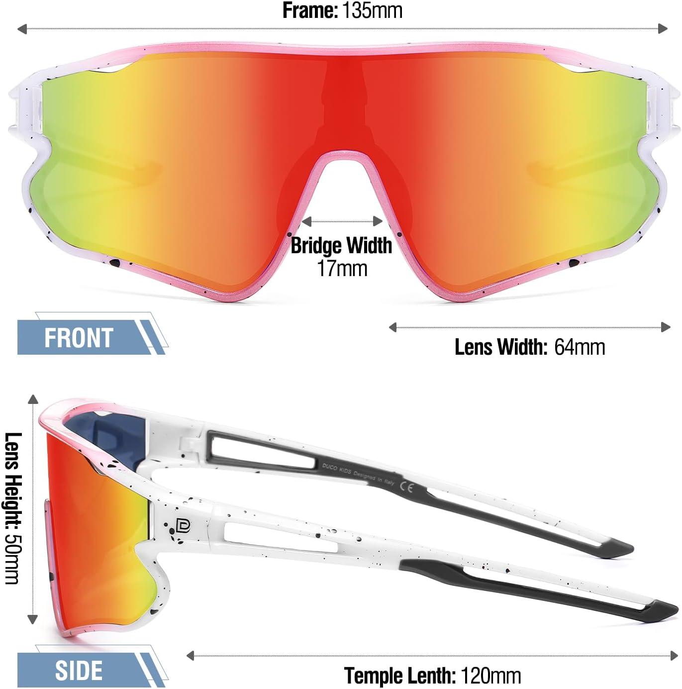 imageDUCO Kids Sunglasses Youth Baseball Sun Glasses Lightweight TR90 Frame UV400 Sports Cycling Shades for Boys Girls DK268Pink White Frame Black Temple Revo Orange Lens