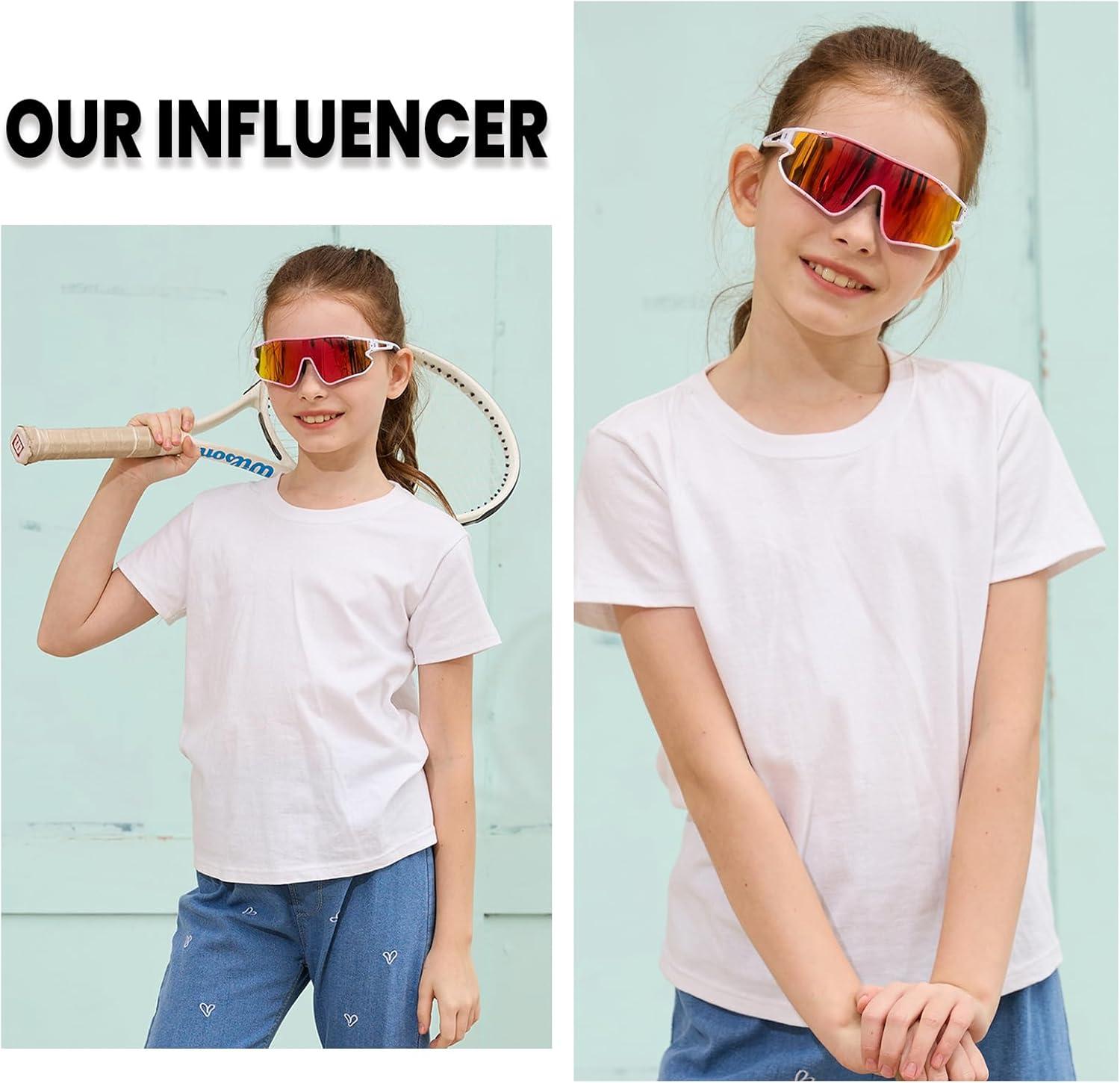 imageDUCO Kids Sunglasses Youth Baseball Sun Glasses Lightweight TR90 Frame UV400 Sports Cycling Shades for Boys Girls DK268Pink White Frame Black Temple Revo Orange Lens