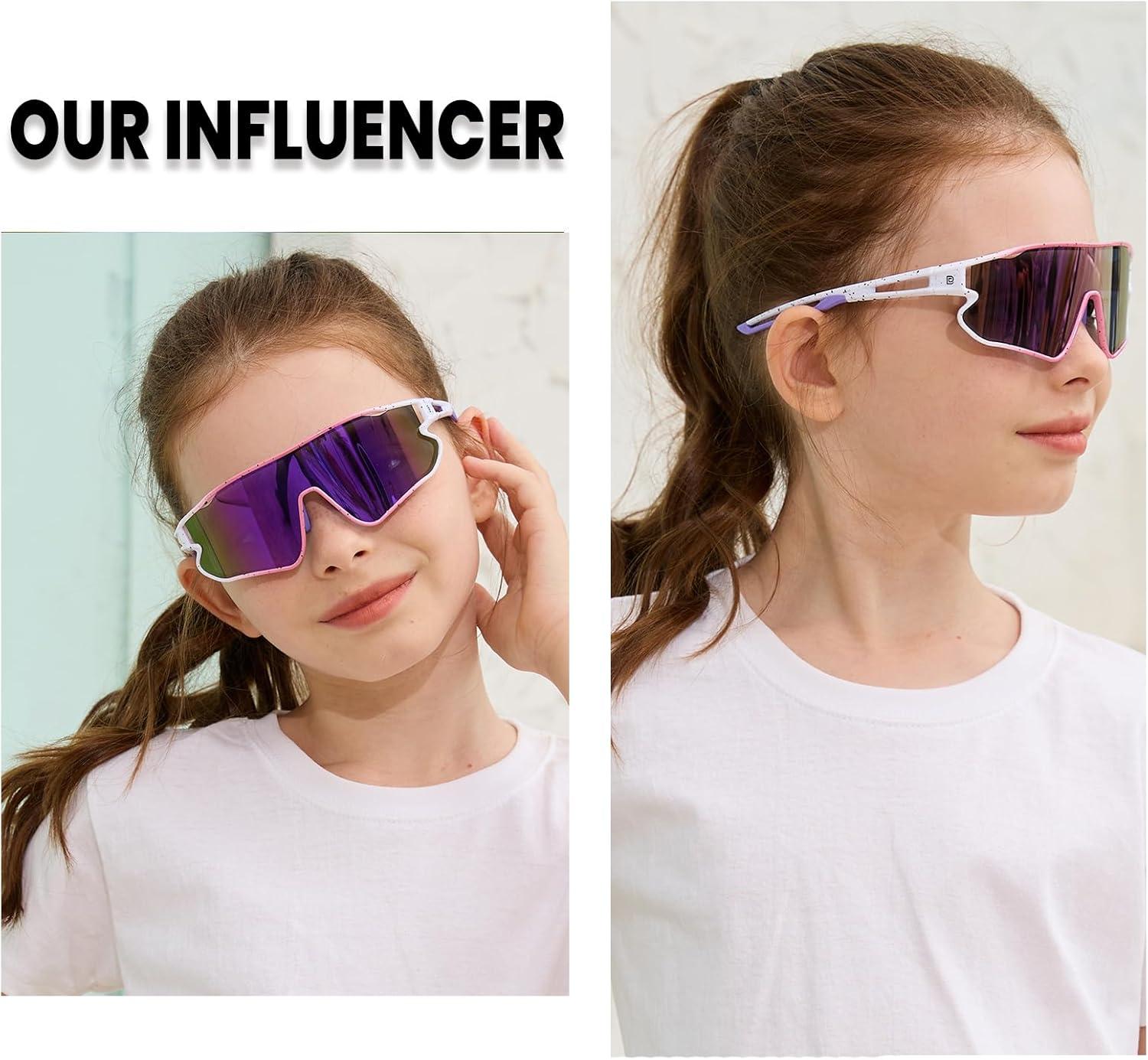 imageDUCO Kids Sunglasses Youth Baseball Sun Glasses Lightweight TR90 Frame UV400 Sports Cycling Shades for Boys Girls DK268Pink White Frame Purpletemple Revo Purple Lens