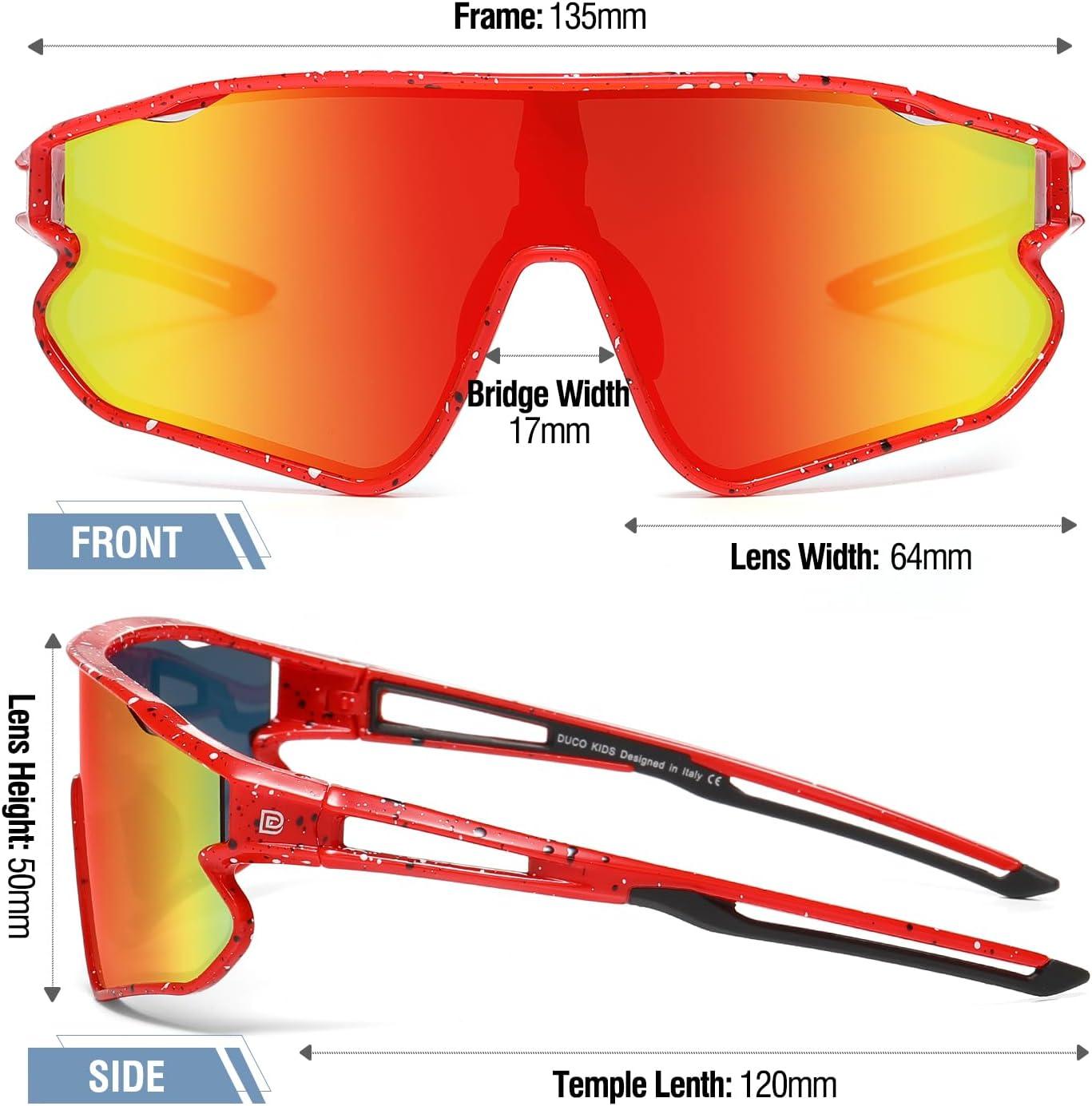 imageDUCO Kids Sunglasses Youth Baseball Sun Glasses Lightweight TR90 Frame UV400 Sports Cycling Shades for Boys Girls DK268Red Frame Black White Dot Black Temple Revo Orange Lens