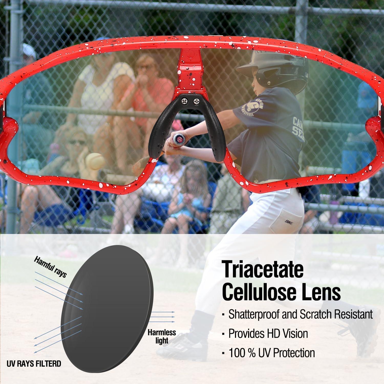 imageDUCO Kids Sunglasses Youth Baseball Sun Glasses Lightweight TR90 Frame UV400 Sports Cycling Shades for Boys Girls DK268Red Frame Black White Dot Black Temple Revo Orange Lens