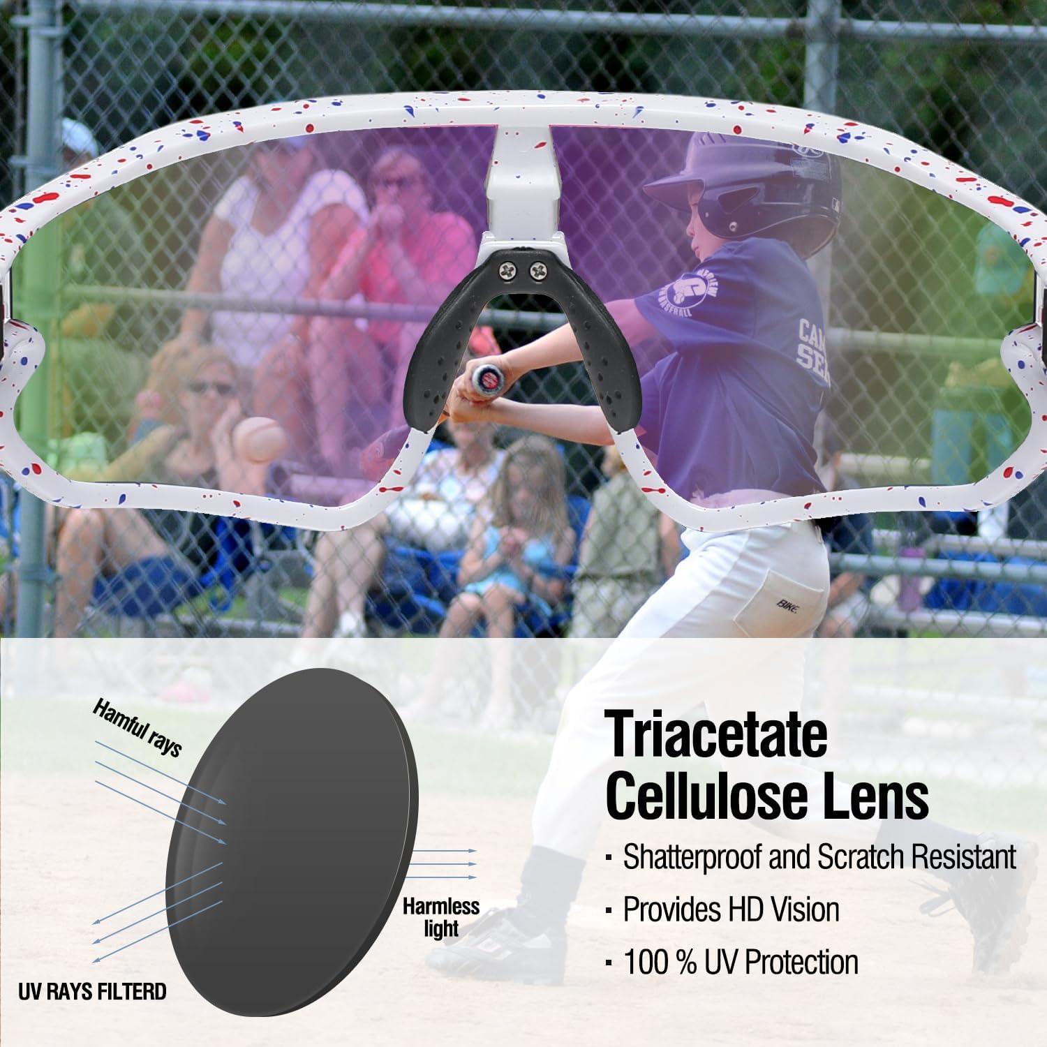 imageDUCO Kids Sunglasses Youth Baseball Sun Glasses Lightweight TR90 Frame UV400 Sports Cycling Shades for Boys Girls DK268White Frame Red Blue Dot Black Temple Revo Colorful Lens