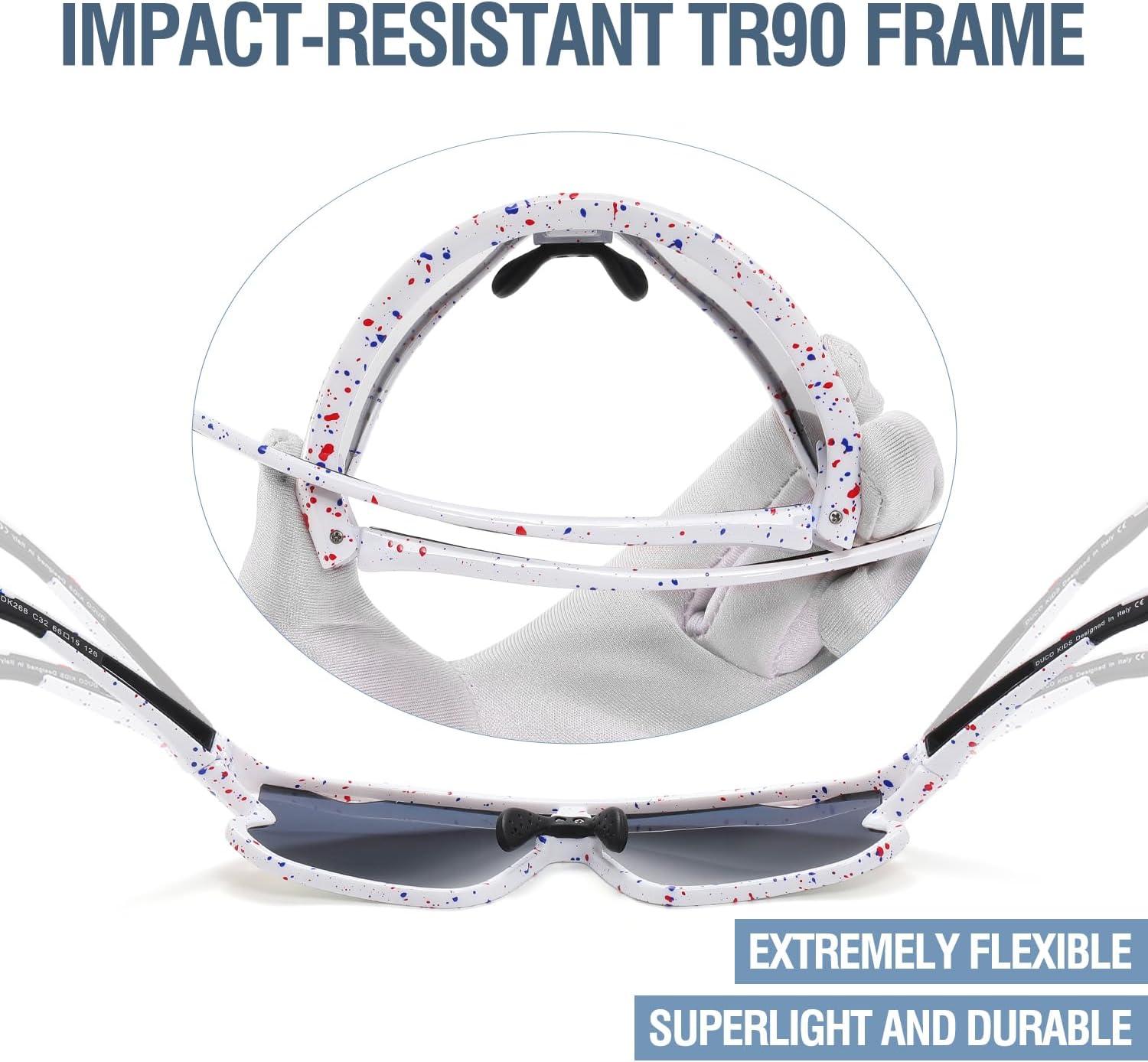 imageDUCO Kids Sunglasses Youth Baseball Sun Glasses Lightweight TR90 Frame UV400 Sports Cycling Shades for Boys Girls DK268White Frame Red Blue Dot Black Temple Revo Colorful Lens