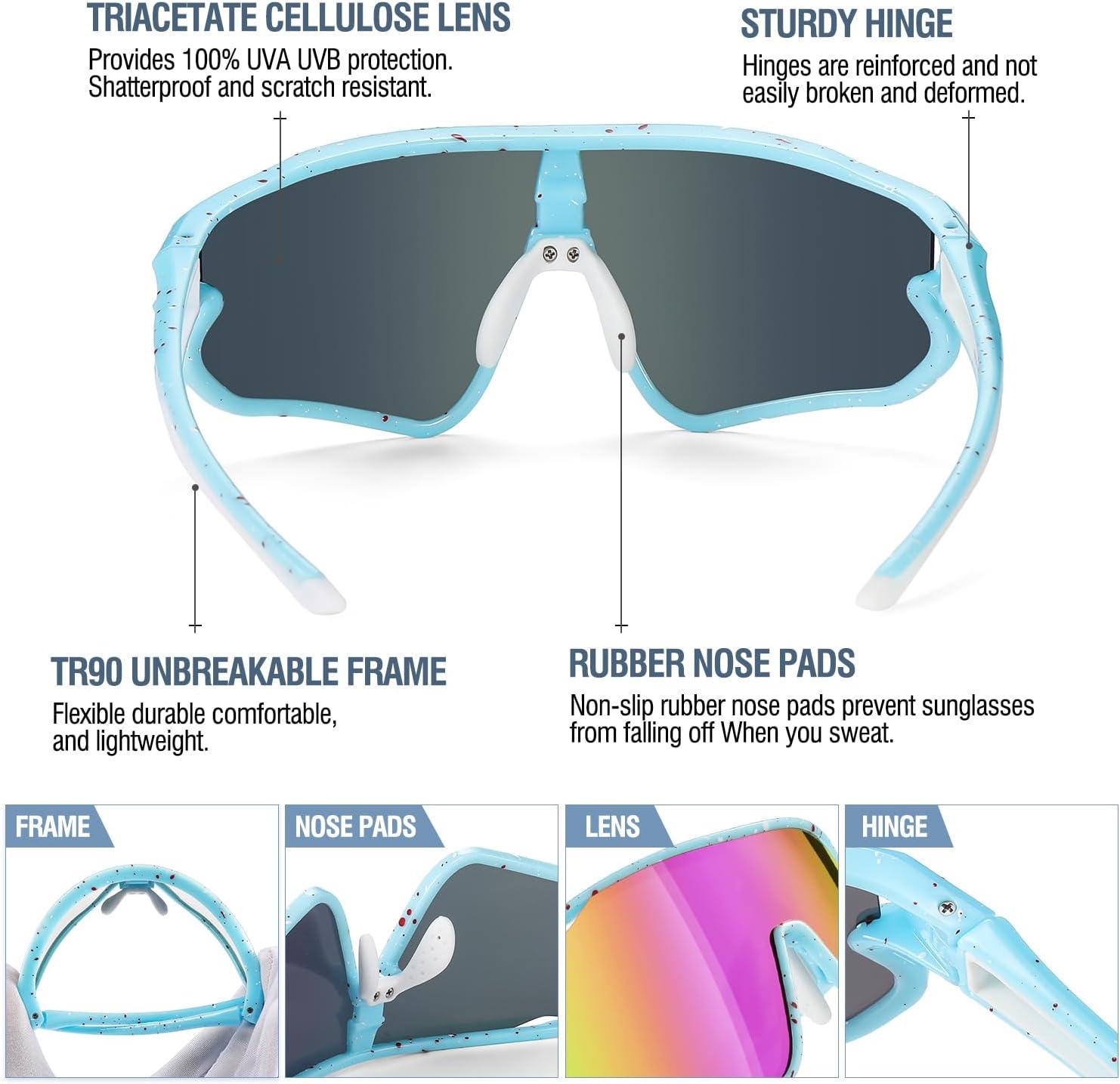 imageDUCO Kids Sunglasses Youth Baseball Sun Glasses Lightweight TR90 Frame UV400 Sports Cycling Shades for Boys Girls DK268Bright Light Blue Frame Red White Rveo Pink Lens