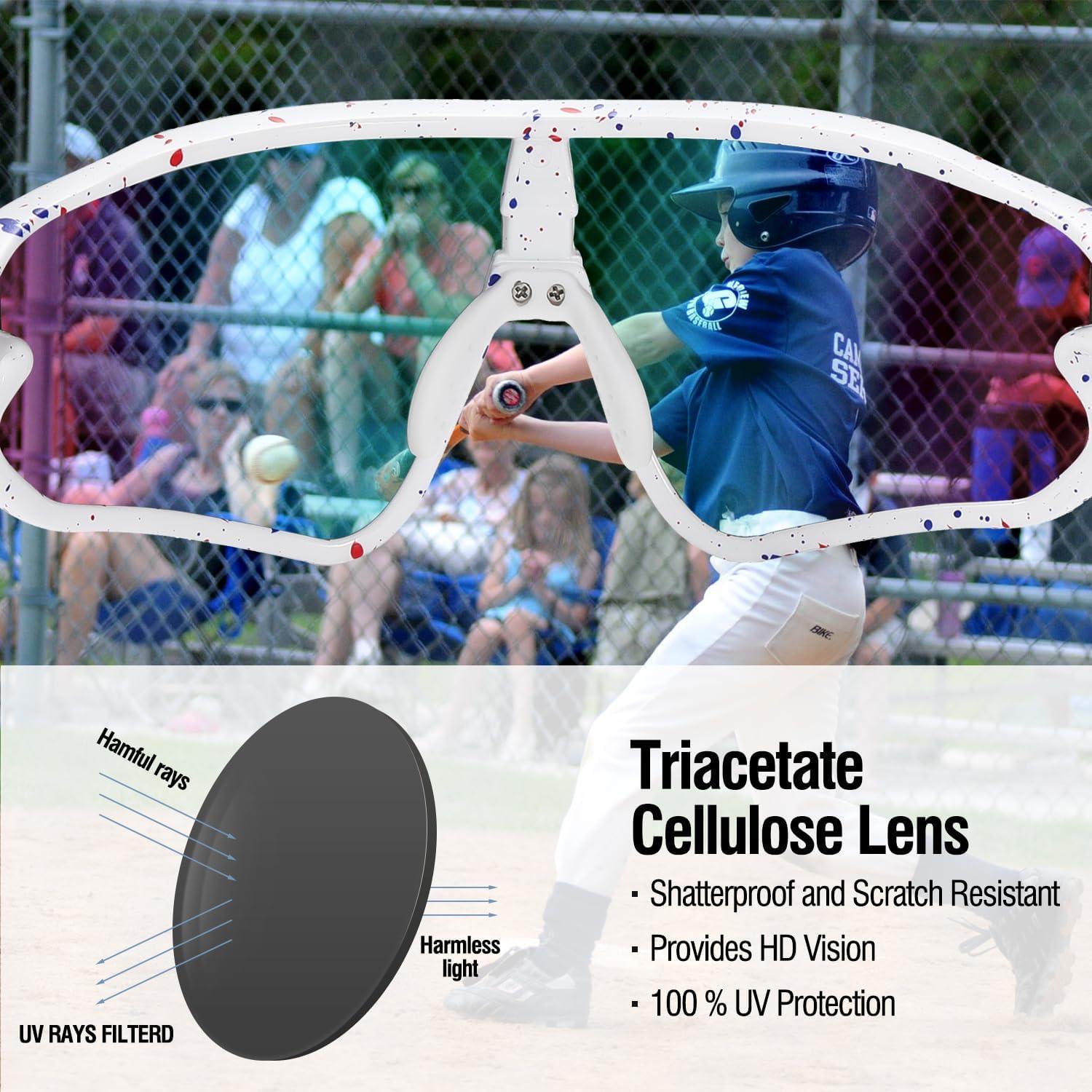 imageDUCO Kids Sunglasses Youth Baseball Sun Glasses Lightweight TR90 Frame UV400 Sports Cycling Shades for Boys Girls DK268White Frame Red Blue Revo Orange Lens