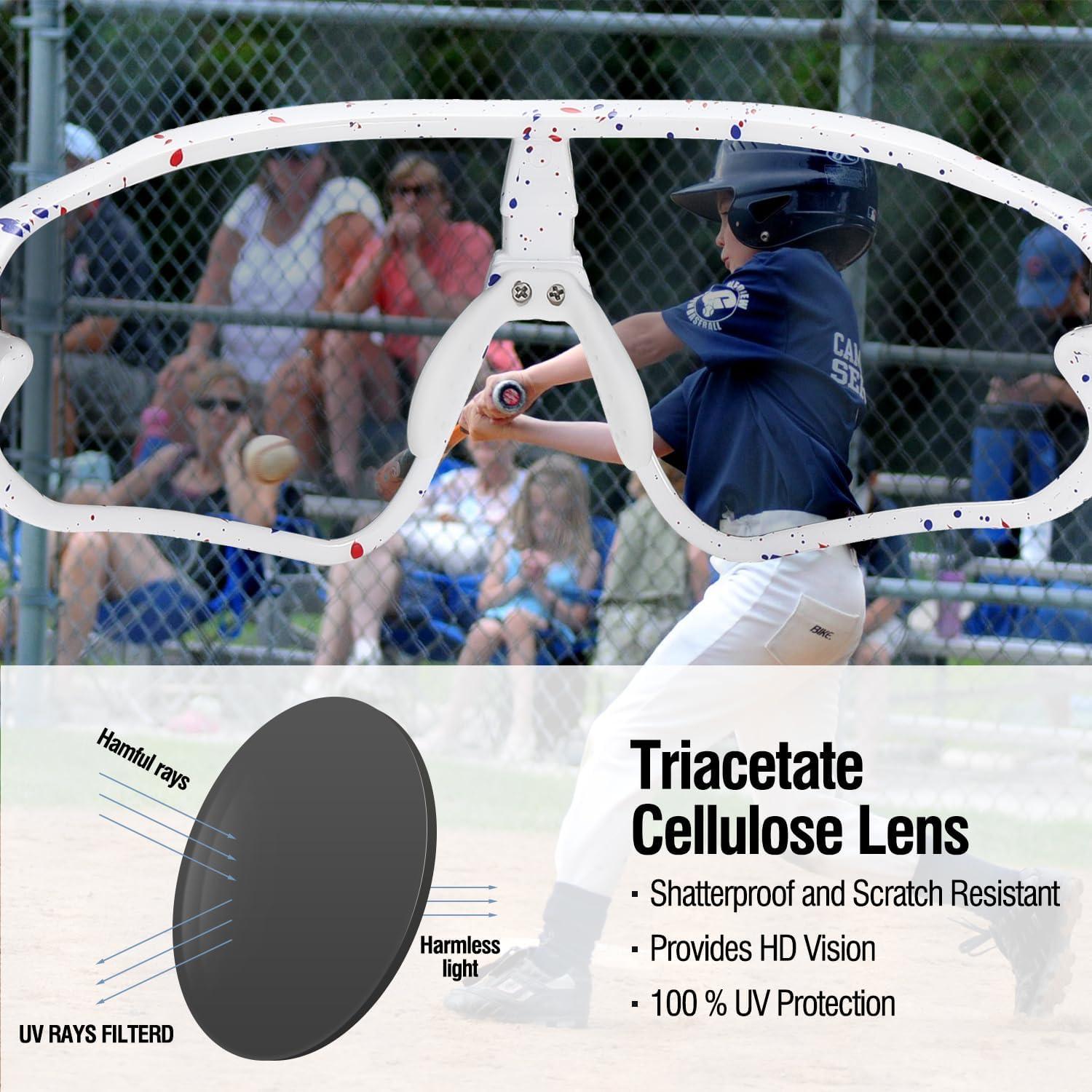 imageDUCO Kids Sunglasses Youth Baseball Sun Glasses Lightweight TR90 Frame UV400 Sports Cycling Shades for Boys Girls DK268White Frame Red Blue Revo Silver Lens