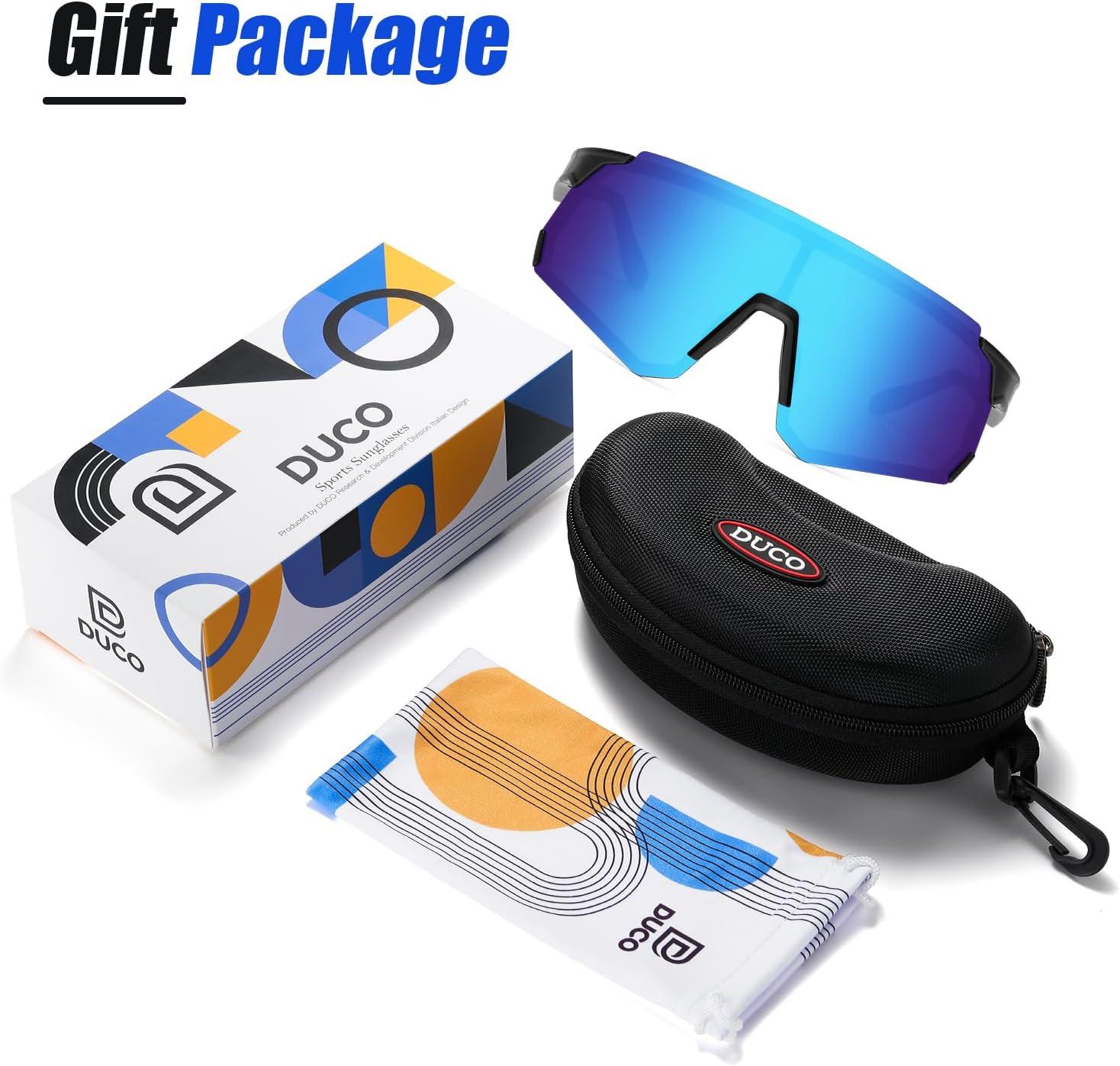 imageDUCO Polarized Sports Sunglasses for Men and Women Wrap Around Shades for Driving Cycling Baseball and Fishing UV400Shine Black Frame Revo Blue Lens