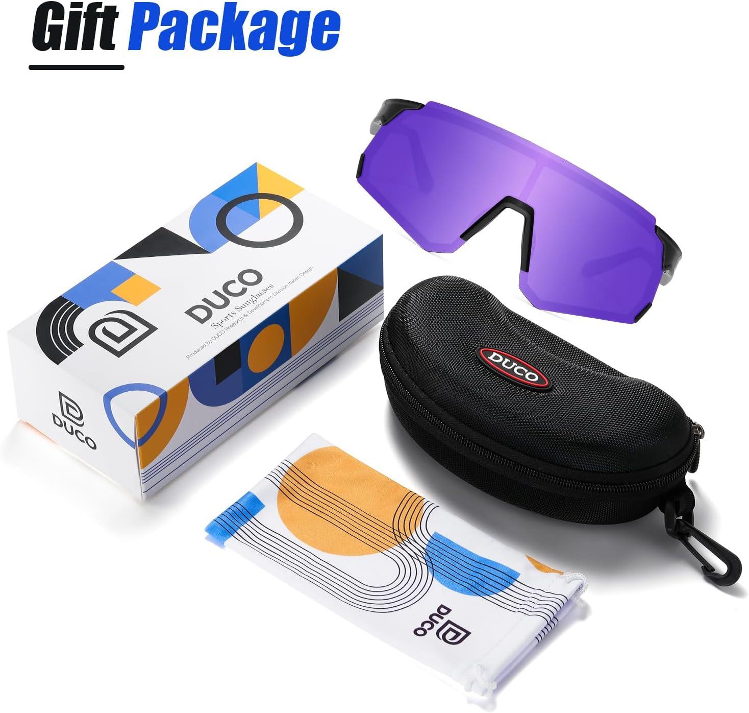 imageDUCO Polarized Sports Sunglasses for Men and Women Wrap Around Shades for Driving Cycling Baseball and Fishing UV400Shine Black Frame Revo Purple Lens