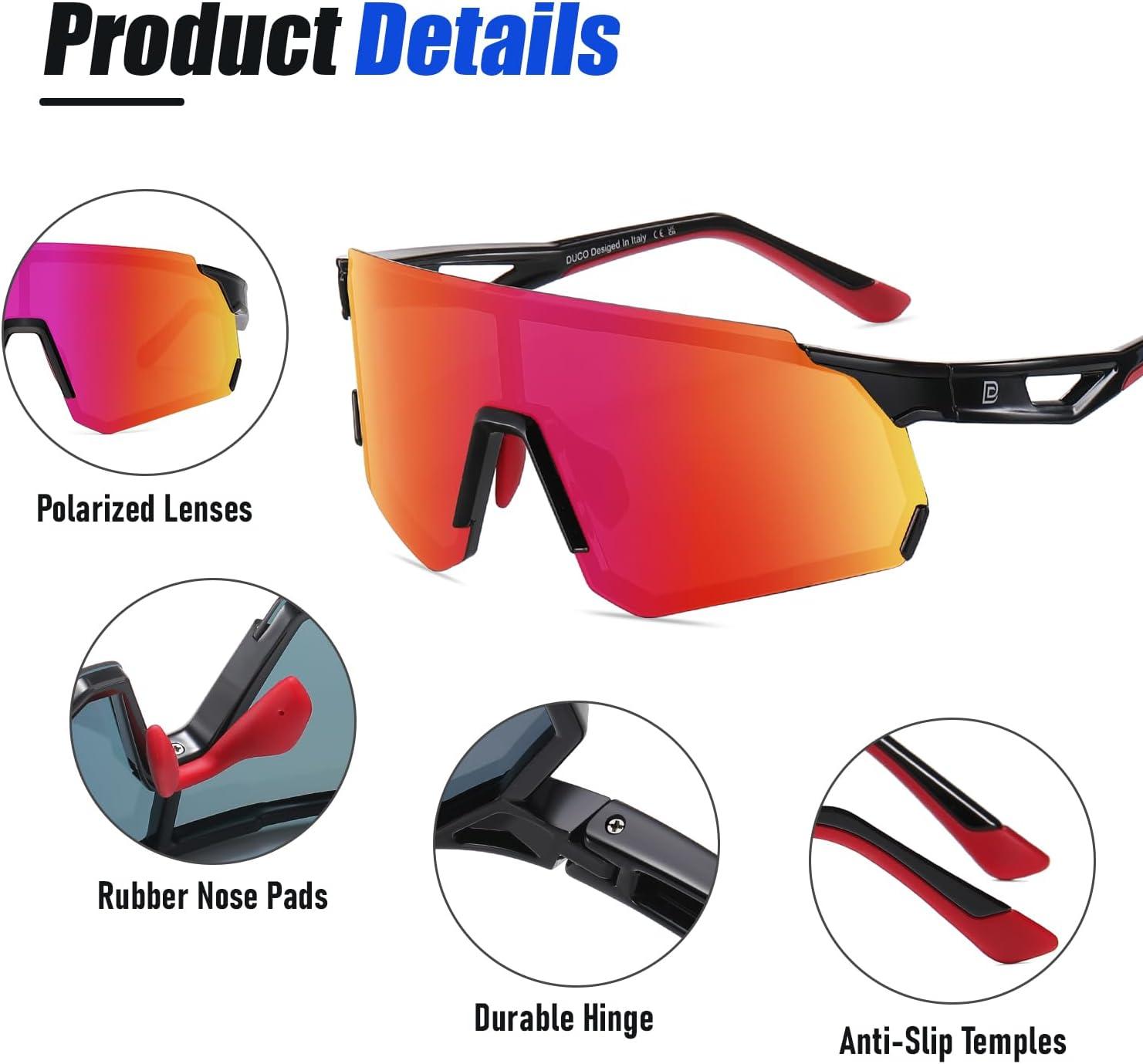 imageDUCO Polarized Sports Sunglasses for Men and Women Wrap Around Shades for Driving Cycling Baseball and Fishing UV400Shine Black Frame Revo Red Lens
