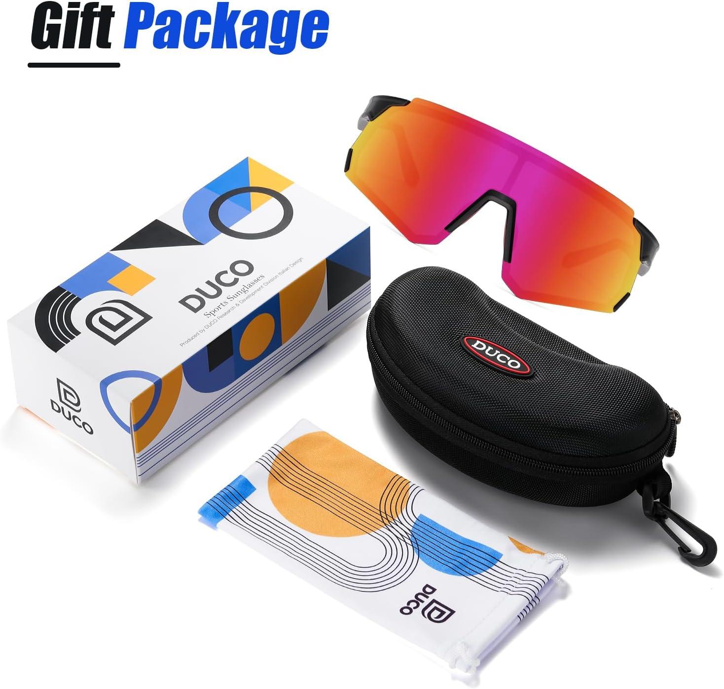 imageDUCO Polarized Sports Sunglasses for Men and Women Wrap Around Shades for Driving Cycling Baseball and Fishing UV400Shine Black Frame Revo Red Lens