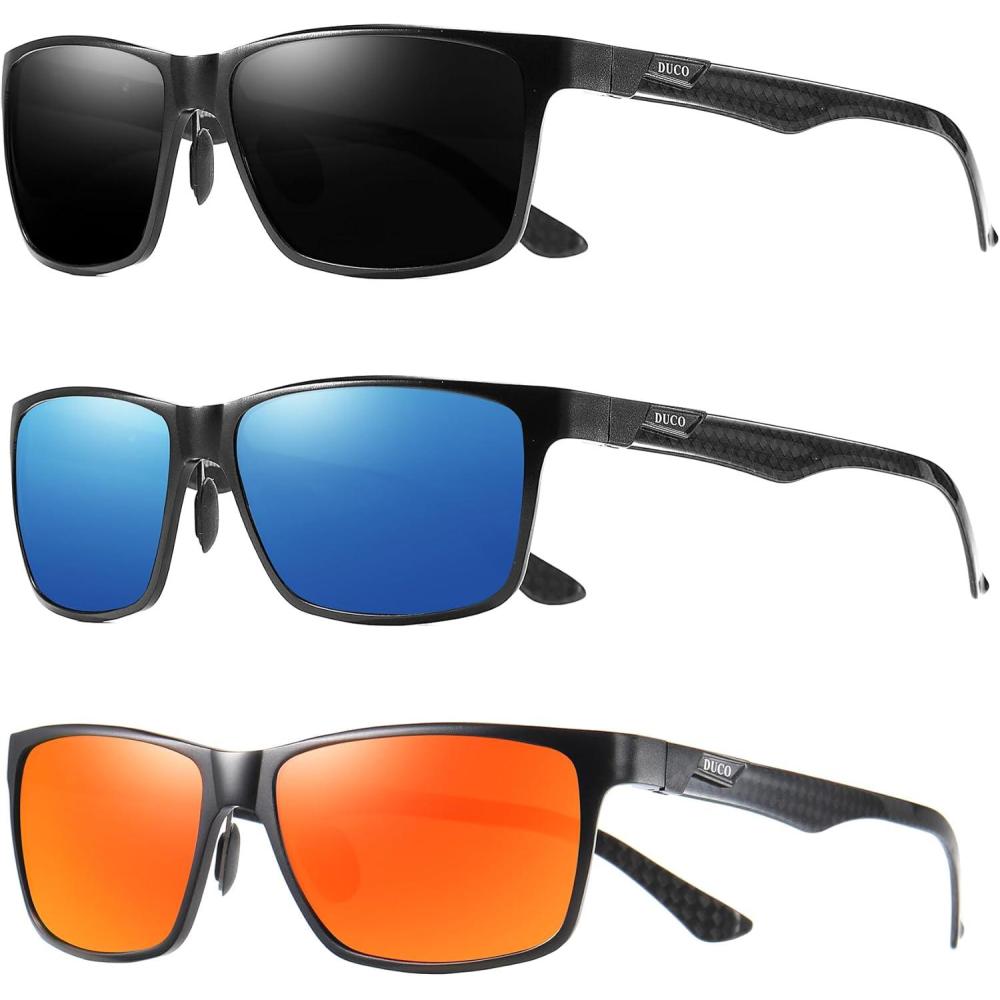 imageDUCO Mens Luxury Carbon Fiber Temple Polarized Sunglasses for Men Sports UV400 DC8206 3packsBlackGrayblackBlueblackRed