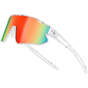imageDUCO Kids Sunglasses Youth Baseball Sun Glasses Lightweight TR90 Frame UV400 Sports Cycling Shades for Boys Girls DK268White Frame Red Blue Revo Orange Lens