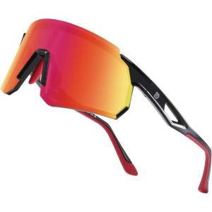 imageDUCO Polarized Sports Sunglasses for Men and Women Wrap Around Shades for Driving Cycling Baseball and Fishing UV400Shine Black Frame Revo Red Lens