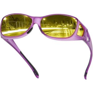 imageDUCO Night Vision Driving Glasses Fit Over Glasses for Men and Women Anti Glare Polarized Yellow Nighttime Lens 8953YA06m Size Matte Purple Frame Night Vision Lens