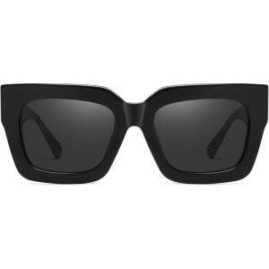 imageDUCO Trendy Square Sunglasses for Women Polarized Sunglasses UV400 Protection Sun Glasses Acetate Frame DC2380Black Frame Grey Lens