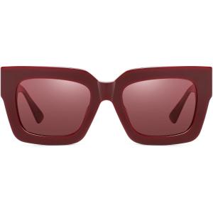 imageDUCO Trendy Square Sunglasses for Women Polarized Sunglasses UV400 Protection Sun Glasses Acetate Frame DC2380Dark Red Frame Red Lens