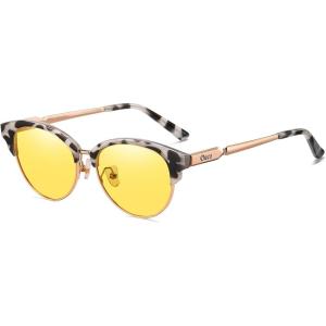 imageDUCO Round SemiRimless Night Vision Driving Glasses Polarized Anti Glare Eyewear for Men and Women HD Yellow TintedGray Tortoise Frame Night Vision Lens