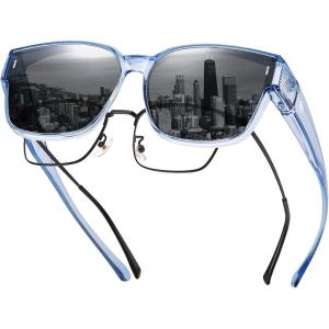imageDUCO Fit Over Sunglasses for Men Women Wear Over Glasses Retro Wrap Around Polarized Sun Glasses UV400 Protection DC8981B Clear Blue Frame Grey Lens