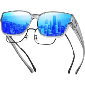 imageDUCO Fit Over Sunglasses for Men Women Wear Over Glasses Retro Wrap Around Polarized Sun Glasses UV400 Protection DC8981B Clear Grey Frame Revo Blue Lens
