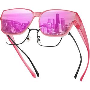 imageDUCO Fit Over Sunglasses for Men Women Wear Over Glasses Retro Wrap Around Polarized Sun Glasses UV400 Protection DC8981B Clear Rose Frame Revo Pink Lens