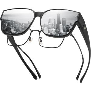 imageDUCO Fit Over Sunglasses for Men Women Wear Over Glasses Retro Wrap Around Polarized Sun Glasses UV400 Protection DC8981B Matte Black Frame Mirror Lens