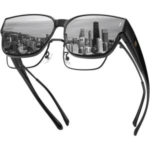 imageDUCO Fit Over Sunglasses for Men Women Wear Over Glasses Retro Wrap Around Polarized Sun Glasses UV400 Protection DC8981B Shine Black Frame Grey Lens