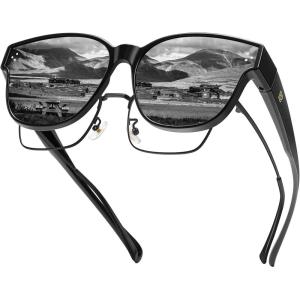 imageDUCO Fit Over Sunglasses for Men Women Wear Over Glasses Retro Wrap Around Polarized Sun Glasses UV400 Protection DC8981Black Frame Grey Lens