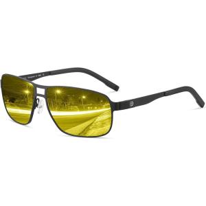 imageDUCO Night Vision Glasses for Men Goggles for Driving Anti Glare Bright Night Aviator Stainless Steel G002YBlack Frame Night Vision Lens