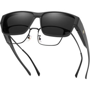 imageDUCO Polarized Fit Over Sunglasses for Men and Women UV400 Protection Retro Square Wrap Around Shades for Driving Riding 8986Matte Black Frame Grey Lens