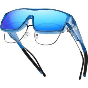 imageDUCO Sports Polarized Fit Over Sunglasses for Men Women Wrap Around Wear Over Glasses for Cycling FishingB Transparent Blue Frame Revo Blue Lens