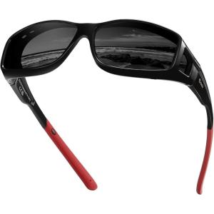 imageDUCO Fit Over Sunglasses for Men and Women Polarized UV400 Protection Wrap Around Driving Oversized Shades DC8968Black Frame Red Temple Gray Lens