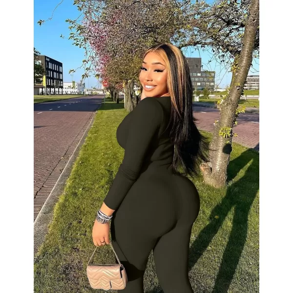BEAGIMEG Womens Basic Long sleeve One Piece Crew Neck Romper Bodycon JumpsuitsBlack