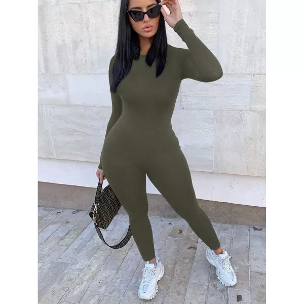 BEAGIMEG Womens Basic Long sleeve One Piece Crew Neck Romper Bodycon JumpsuitsOlive