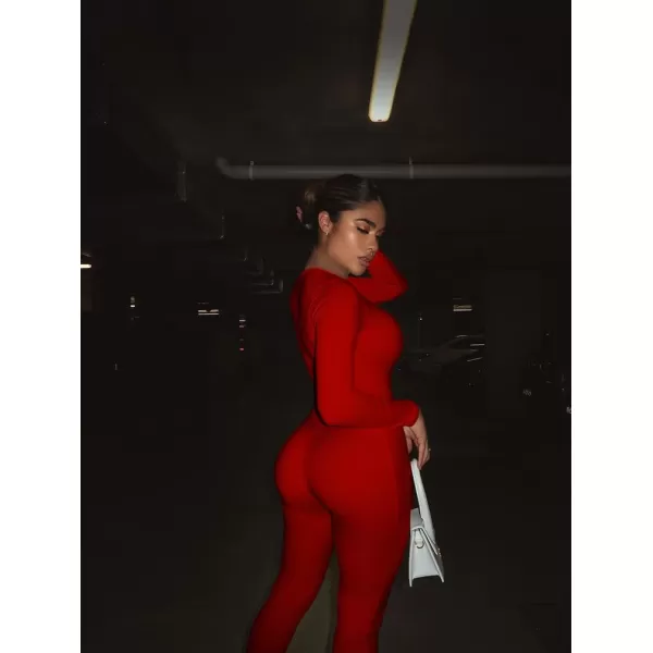 BEAGIMEG Womens Basic Long sleeve One Piece Crew Neck Romper Bodycon JumpsuitsRed