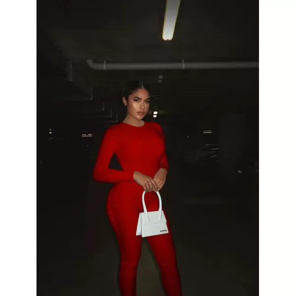 BEAGIMEG Womens Basic Long sleeve One Piece Crew Neck Romper Bodycon JumpsuitsRed