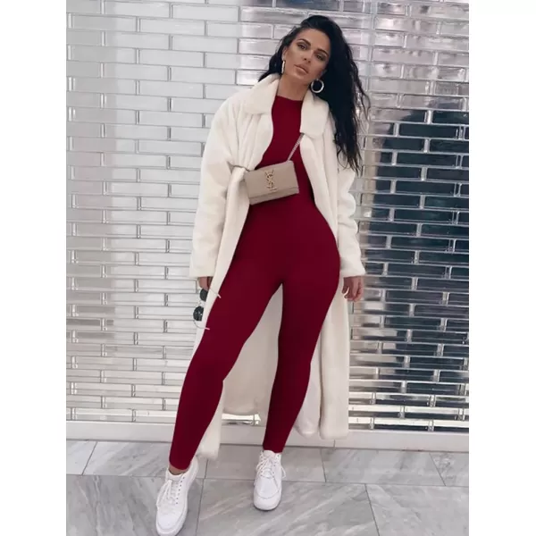 BEAGIMEG Womens Basic Long sleeve One Piece Crew Neck Romper Bodycon JumpsuitsWine Red