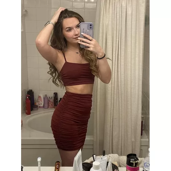 BEAGIMEG Womens Ruched Cami Crop Top Bodycon Skirt 2 Piece Outfits DressBurgundy
